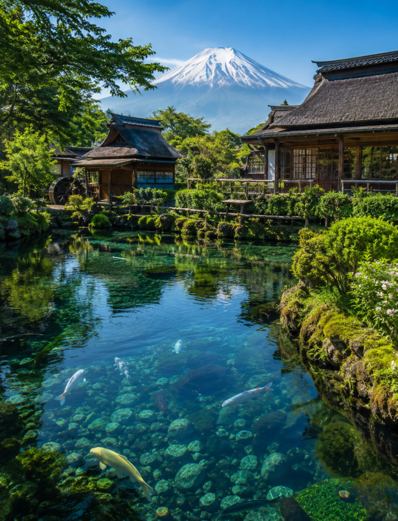 Oshino Hakkai’s clear spring pond with traditional Japanese buildings and Mt. Fuji in the background.