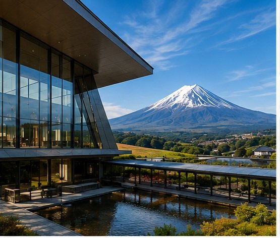 Mt. Fuji World Heritage Center modern glass building with panoramic view of Mt. Fuji