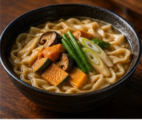 Bowl of traditional Hoto noodles with pumpkin, mushroom and vegetables in miso broth, Yamanashi