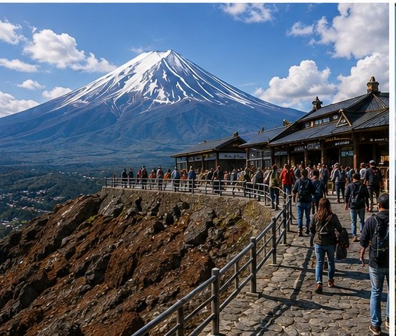 Visitors at the Mt. Fuji 5th Station viewpoint with the summit rising above the observation deck