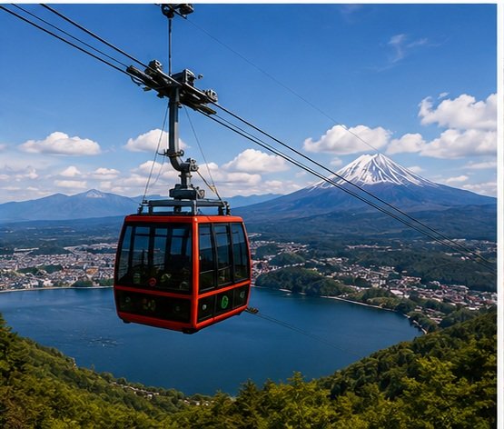 Red cable car of the Mt. Fuji Panoramic Ropeway overlooking Lake Kawaguchiko with Mt. Fuji in the background