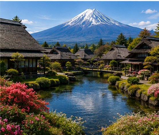 Thatched-roof houses and canal at Saiko Iyashi-no-Sato traditional village with Mt. Fuji and flowers