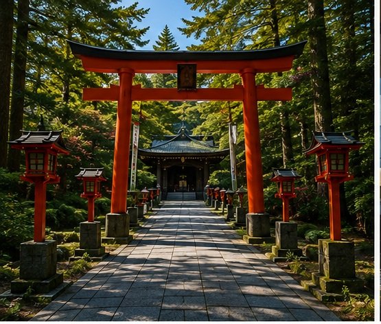 Red torii gate and stone lantern path leading to Kitaguchi Hongu Fuji Sengen Shrine near Mt. Fuji